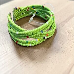 Neon Green Seed Bead Coil Bracelet with Multicolor Accents 6" Boho